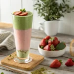strawberry matcha latte layered in clear glass