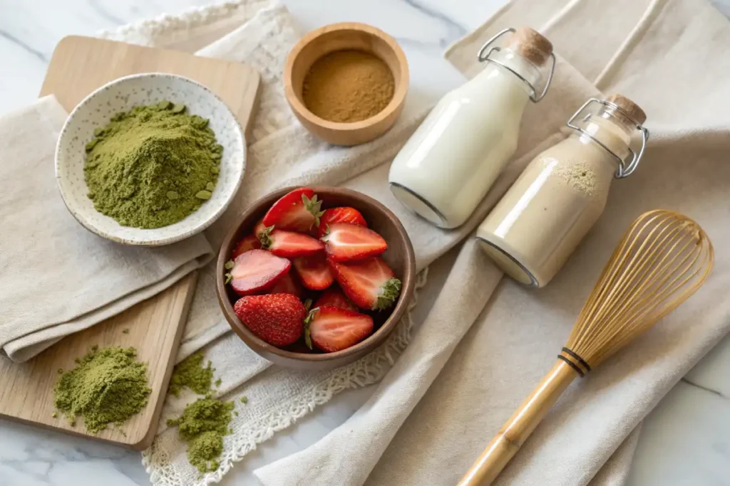 strawberry matcha latte ingredients on counter