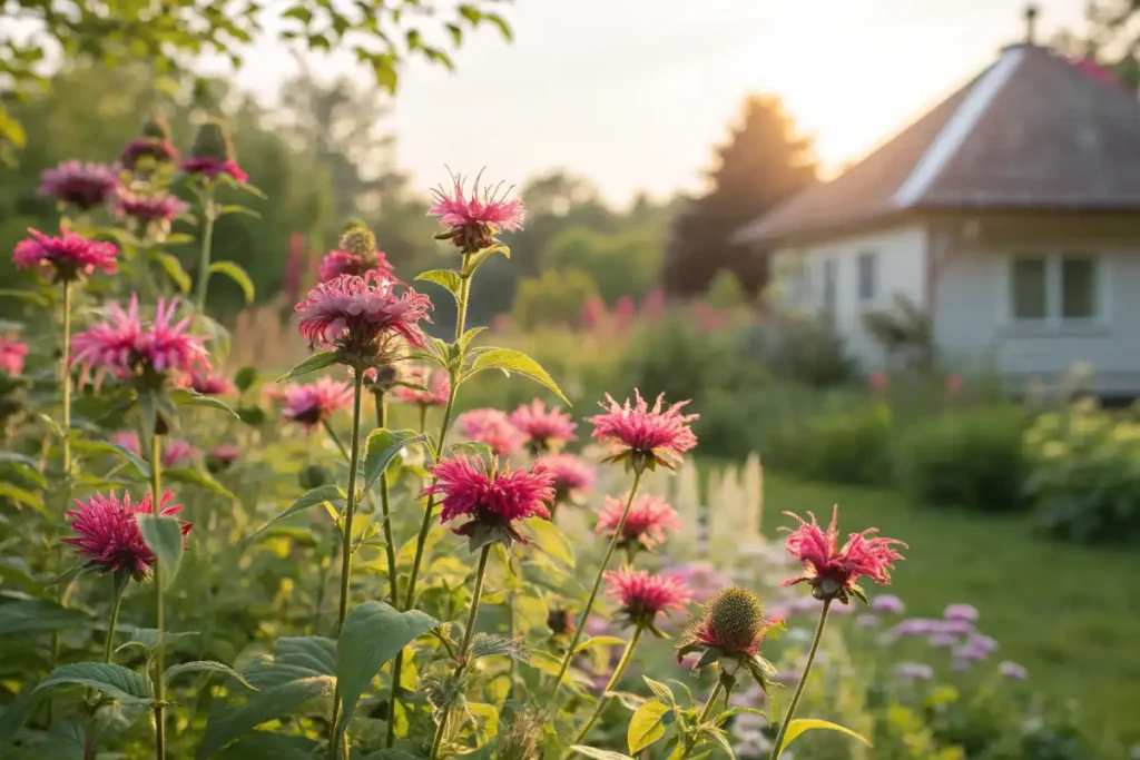 Bee balm flowers blooming in a cottage garden