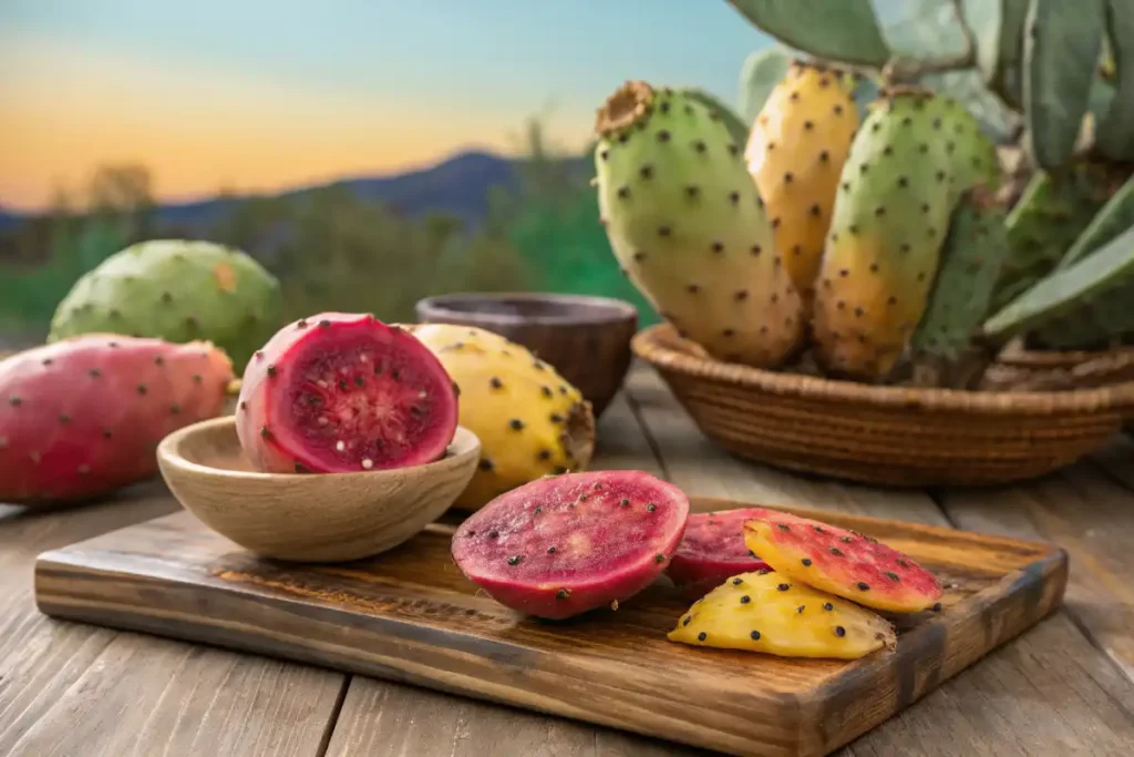 Prickly pear cactus fruits on wooden board