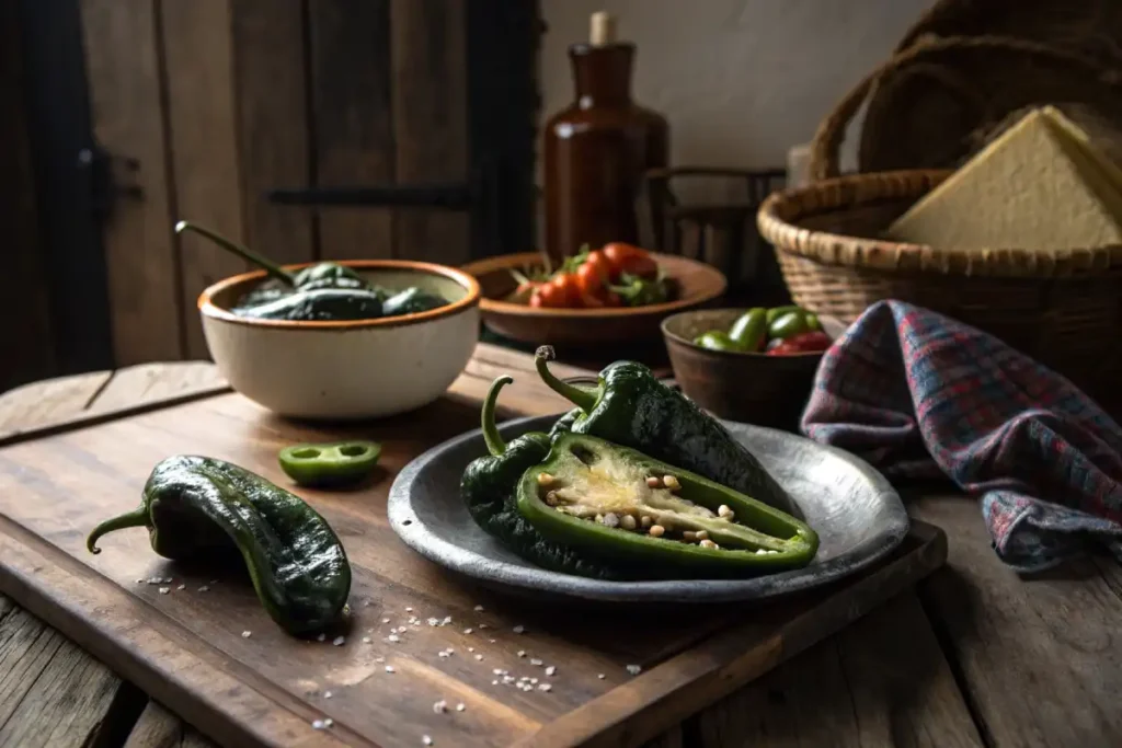 roasted poblano peppers on rustic table