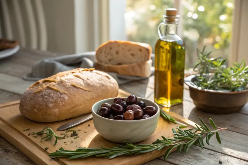 Kalamata olives in rustic Mediterranean kitchen