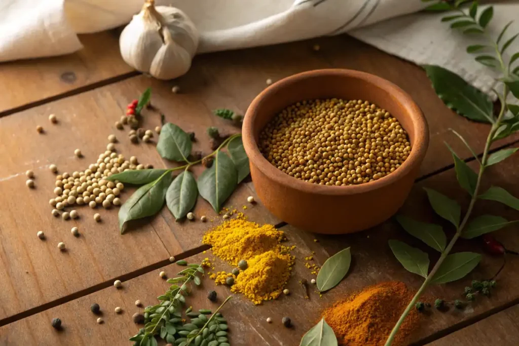 Mustard seeds in a terracotta bowl on a wooden table