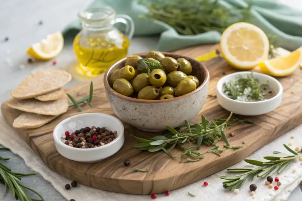 Stuffed olives on rustic Mediterranean appetizer board